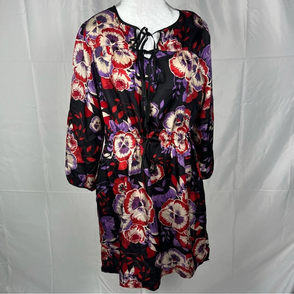 Johnny Was 100% silk floral patterned dress with drawstring waist.